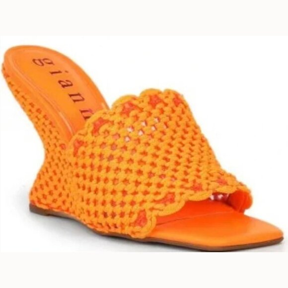 Gianni Bini Orange Regina Crochet Square Toe Wedge Sandals SZ 7 - NWOT - Picture 1 of 9